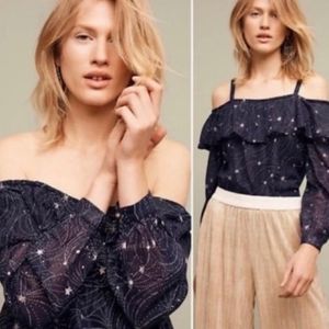 Anthropologie Floreat Celestial Star Cold Shoulder Top Silver Long Sleeve XS NWT